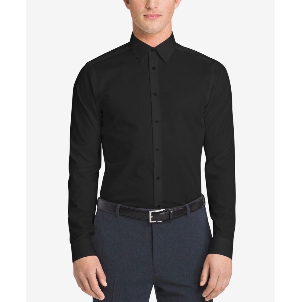 $79 NEW CALVIN KLEIN Mens 15 1/2 34/35 Solid Black Slim Fit Stretch Dress Shirt